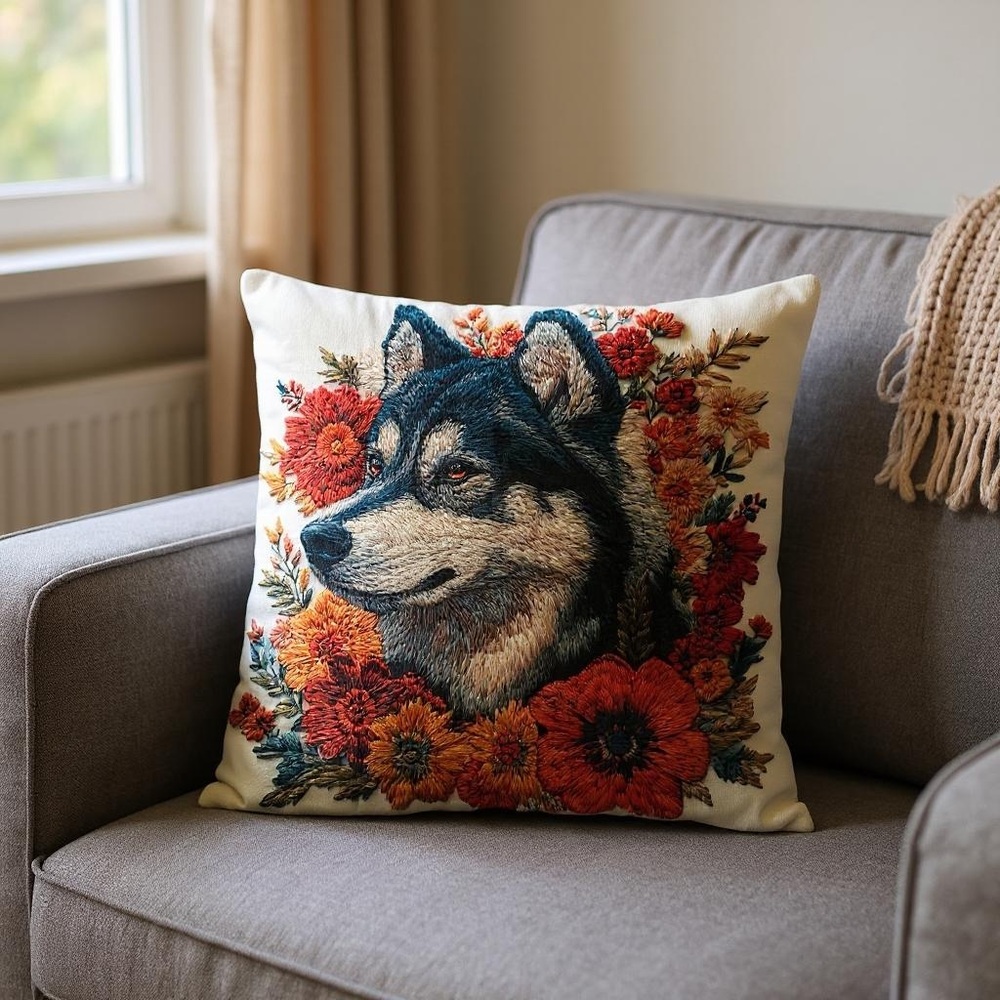 Floral Husky or Malamute “Embroidered” Look Pillow Cover This is a print.